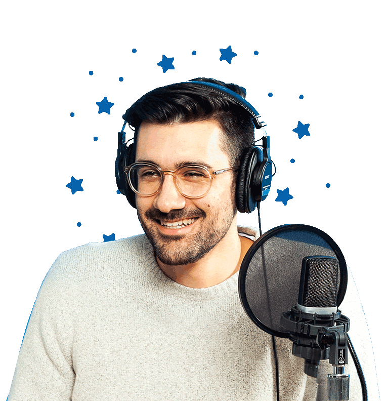 A man standing in front of a microphone, with patterns moving in the background.