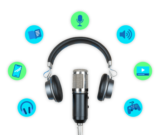 A microphone with bubbles floating around.  The bubbles contain icons that indicate content.