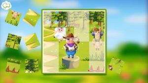 A sliding tile puzzle, forming a picture of a cow, sheep, and alpaca in a forest.