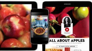 Snippets of a digital Chatelaine magazine article about apples and baking, displayed on some phones and tablets.