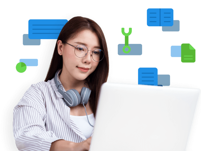 A young asian woman reading on her laptop. Icons of tools, files, and articles float around her.