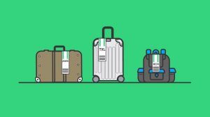 An illustration of three suitcases lined up with luggage tags, each listing a different location.