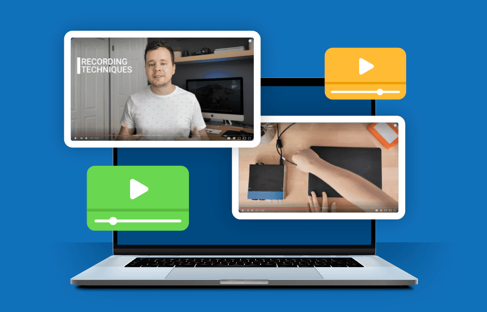 Computer with Video images floating around it